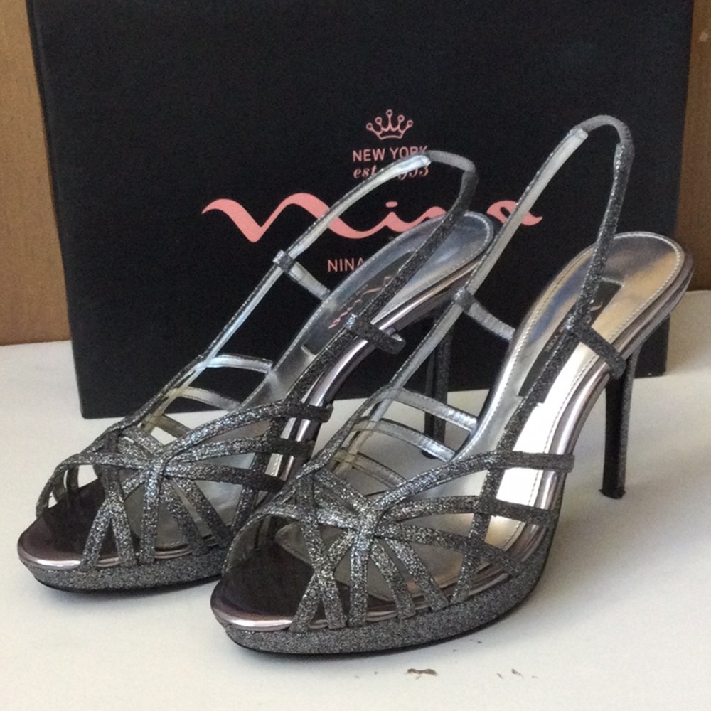 Gorgeous Nina Fonda Pewter Glitter Strappy Stilettos Size 8